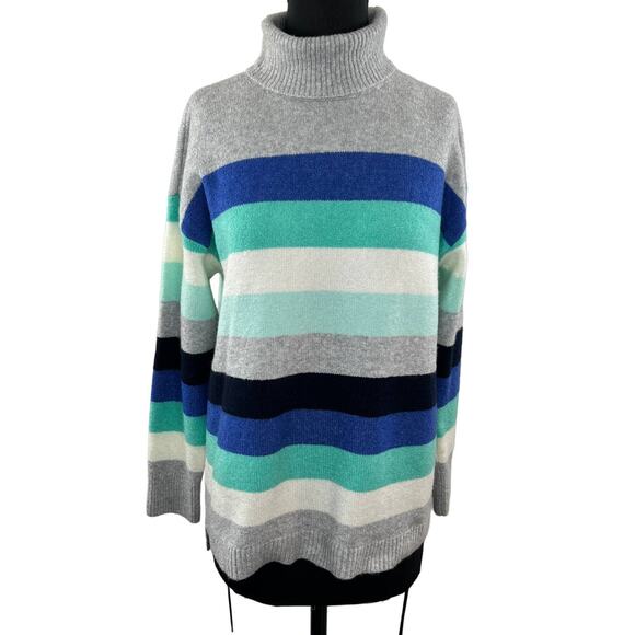 NWT Talbots Gray Blue Striped Knit Long Sleeve Turtleneck Sweater Pullover PXL - Picture 1 of 9